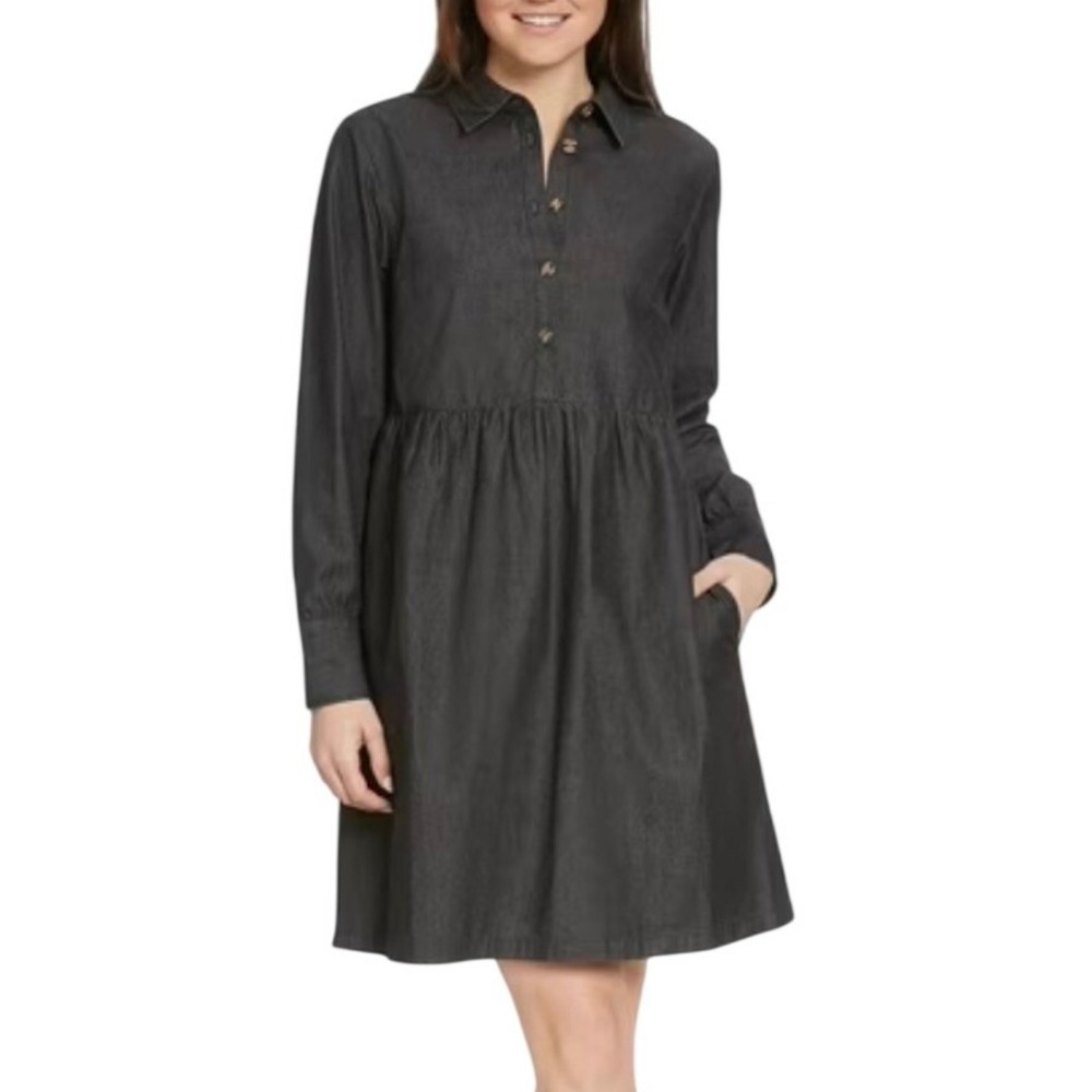 Nine West Jeans Shirt Dress Women Large Gray Denim Babydoll Long‎ Sleeve Pockets